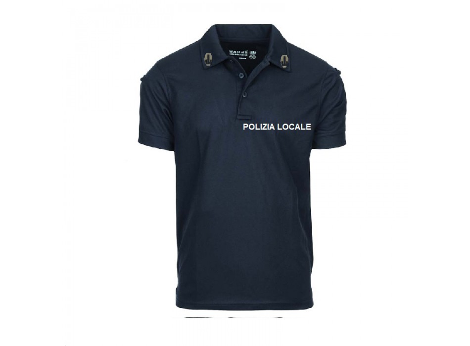 Polo tattica polizia locale Emilia Romagna materiale tecnico no stiro con velcro al braccio e portapenna blu Divisa Militare