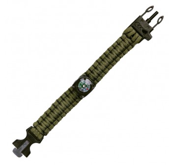 Bracciale Paracord bushcraft verde con bussola acciarino fischietto Divisa Militare