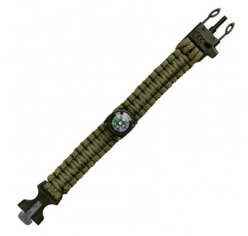 Bracciale Paracord bushcraft verde con bussola acciarino fischietto Divisa Militare