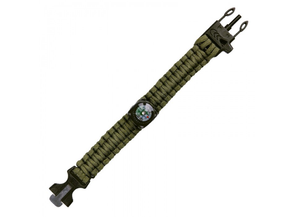 Bracciale Paracord bushcraft verde con bussola acciarino fischietto Divisa Militare