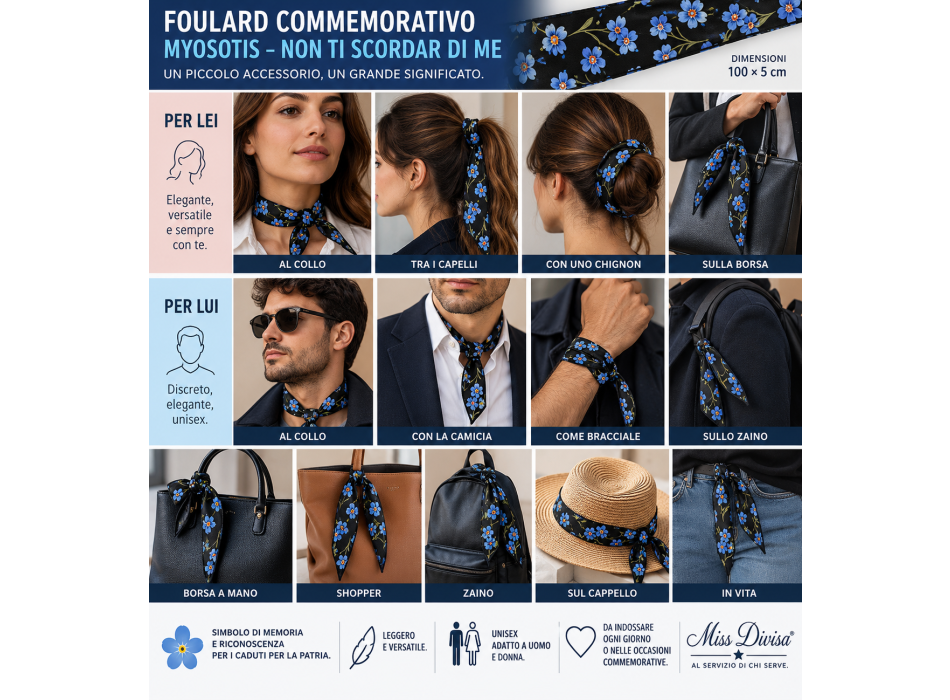Foulard + Spilla metallo Commemorativo Myosotis Non Ti Scordar di Me – Caduti per la Patria – 100 x 5 cm Divisa Militare