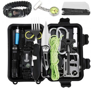 Kit sopravvivenza outdoor e urban 23 pezzi con posate e penna da difesa Divisa Militare