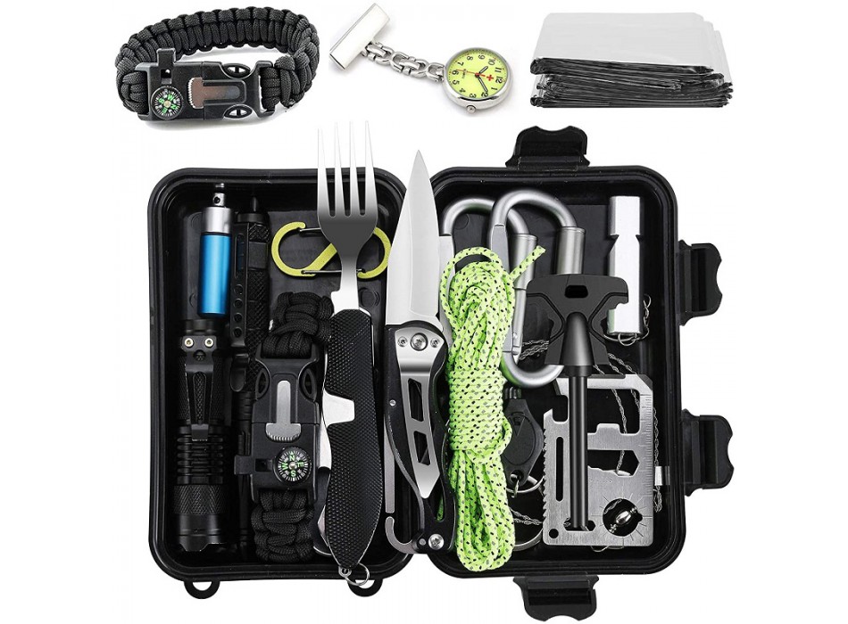 Kit sopravvivenza outdoor e urban 23 pezzi con posate e penna da difesa Divisa Militare