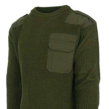 Maglione verde stile Esercito con toppe su spalla e gomiti portagradi e taschino Divisa Militare