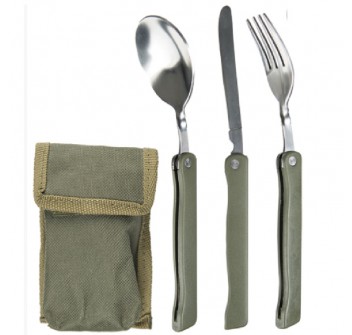 Posate pieghevoli forchetta coltello cucchiaio acciaio+custodia Divisa Militare