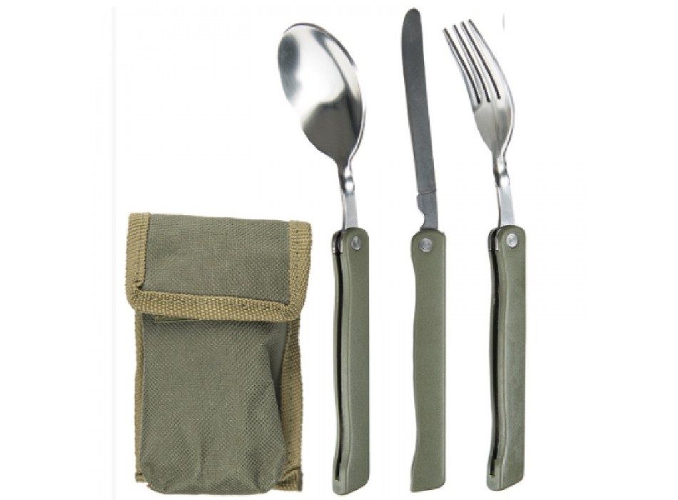 Posate pieghevoli forchetta coltello cucchiaio acciaio+custodia Divisa Militare