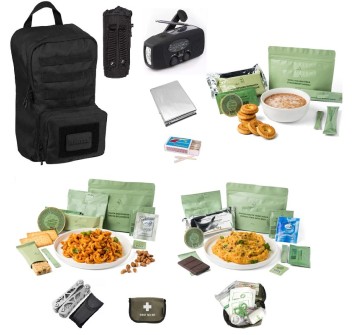 Zaino d'emergenza/sopravvivenza con radio,kit medio e cibo pasta bolognese e spezzatino Divisa Militare