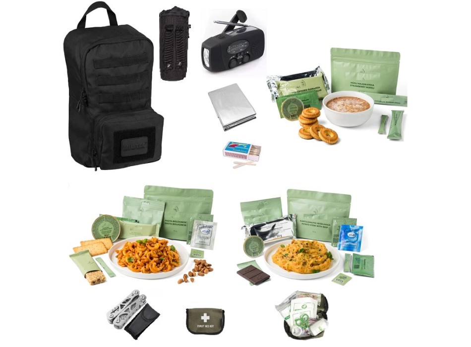 Zaino d'emergenza/sopravvivenza con radio,kit medio e cibo pasta bolognese e spezzatino Divisa Militare
